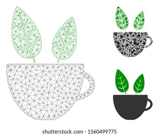 Mesh vegan cafe model with triangle mosaic icon. Wire carcass triangular mesh of vegan cafe. Vector collage of triangle parts in variable sizes, and color tones. Abstract 2d mesh vegan cafe,