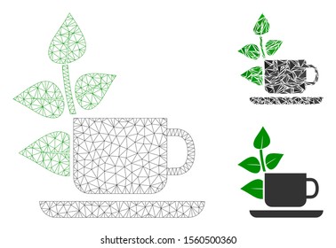 Mesh vegan drink model with triangle mosaic icon. Wire frame polygonal mesh of vegan drink. Vector collage of triangle parts in variable sizes, and color tones. Abstract 2d mesh vegan drink,