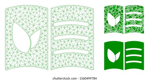 Mesh vegan menu model with triangle mosaic icon. Wire carcass triangular mesh of vegan menu. Vector composition of triangle elements in variable sizes, and color shades. Abstract flat mesh vegan menu,