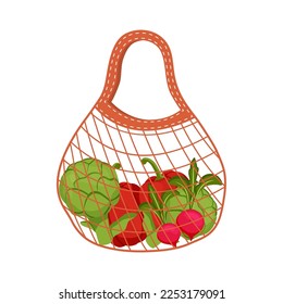 Mesh vegetable bag. Net bag. Full bag with groceries and shopping. Fruits and berries. White background. isolated. Vector stock illustration. Icon. trendy drawing.