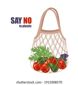 Mesh with vegetables. Healthy food in a bag. Shopping for organic products. Say no to plastic. Waste-free consumption and saving the environment. Eco concept. Vector flat illustration