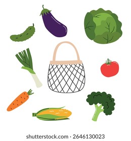 Mesh with vegetables. Healthy food in a bag. Shopping for organic products. Say no to plastic. Waste-free consumption and saving the environment. Eco concept. Vector flat illustration
