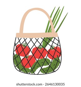 Mesh with vegetables. Healthy food in a bag. Shopping for organic products. Say no to plastic. Waste-free consumption and saving the environment. Eco concept. Vector flat illustration