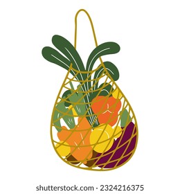 Mesh with vegetables. Vector illustration in a flat style. Fresh vegetables in a mesh bag.