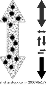 Mesh vertical exchange arrow polygonal 2d vector illustration, with black coronavirus elements. Carcass model is created from vertical exchange arrow flat icon, with covid elements and triangle net.