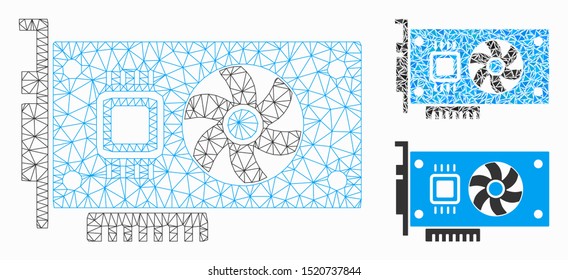 Mesh Video Accelerator Card Model With Triangle Mosaic Icon. Wire Frame Triangular Mesh Of Video Accelerator Card. Vector Collage Of Triangles In Various Sizes, And Color Hues.