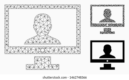 Mesh video blogger PC model with triangle mosaic icon. Wire carcass triangular network of video blogger PC. Vector mosaic of triangle parts in variable sizes, and color tones.