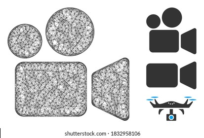 Mesh video camera polygonal web icon vector illustration. Model is created from video camera flat icon. Triangle network forms abstract video camera flat model.