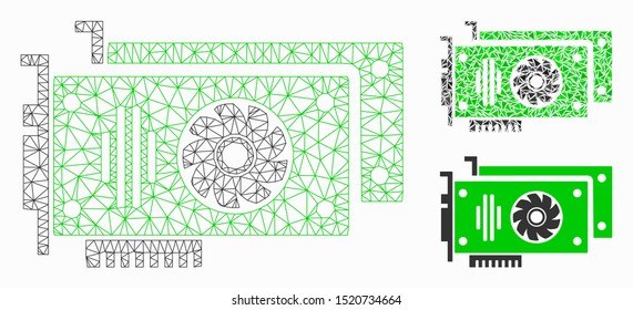 Mesh video cards model with triangle mosaic icon. Wire frame polygonal mesh of video cards. Vector mosaic of triangle elements in variable sizes, and color hues. Abstract flat mesh video cards,