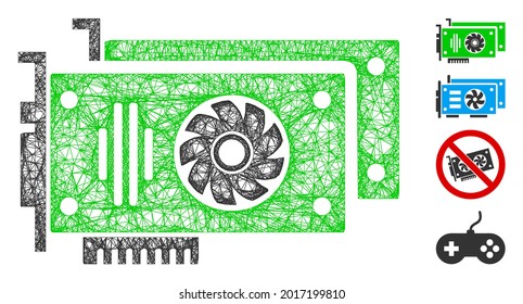 Ilustración vectorial de icono web de tarjetas de vídeo de malla. El modelo se basa en un icono plano de tarjetas de vídeo. La malla forma tarjetas de vídeo abstractas de canal plano. Red web de marco de cable 2D aislada en un fondo blanco.