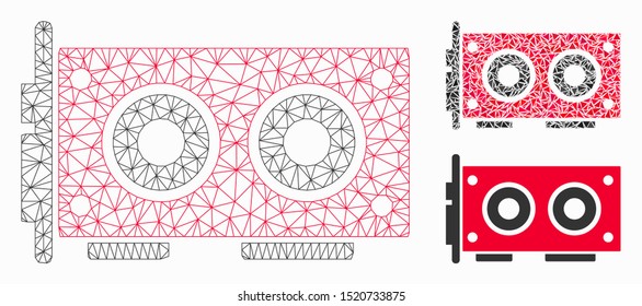 Mesh video graphics card model with triangle mosaic icon. Wire frame polygonal network of video graphics card. Vector mosaic of triangle elements in different sizes, and color hues.