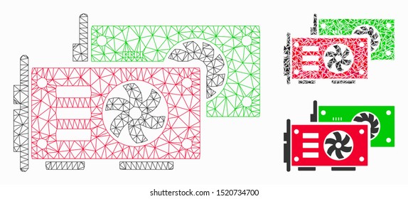 Mesh video graphics GPU cards model with triangle mosaic icon. Wire frame polygonal mesh of video graphics GPU cards. Vector mosaic of triangle elements in different sizes, and color tones.