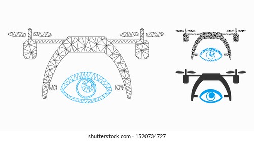 Mesh video spy drone model with triangle mosaic icon. Wire frame triangular mesh of video spy drone. Vector mosaic of triangles in variable sizes, and color tinges. Abstract 2d mesh video spy drone,