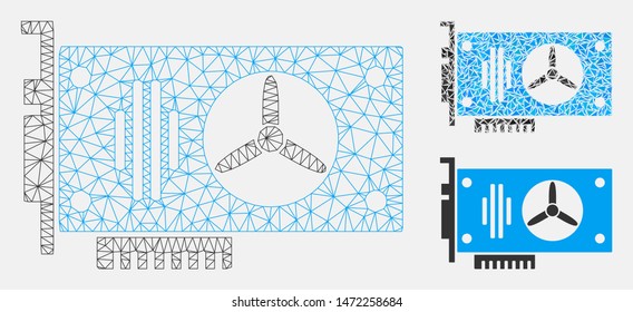 Mesh videocard model with triangle mosaic icon. Wire frame polygonal mesh of videocard. Vector mosaic of triangle elements in variable sizes, and color shades. Abstract 2d mesh videocard,