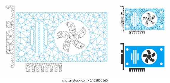 Mesh videocard model with triangle mosaic icon. Wire frame polygonal mesh of videocard. Vector composition of triangle elements in variable sizes, and color shades. Abstract 2d mesh videocard,