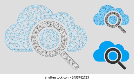 Mesh view cloud model with triangle mosaic icon. Wire frame polygonal mesh of view cloud. Vector mosaic of triangle parts in variable sizes, and color tints. Abstract 2d mesh view cloud,