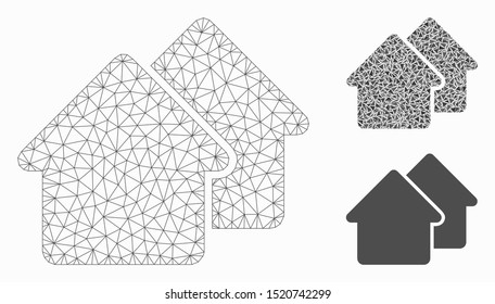 Mesh village model with triangle mosaic icon. Wire frame polygonal network of village. Vector composition of triangle parts in variable sizes, and color hues. Abstract 2d mesh village,