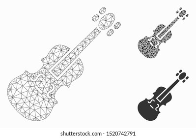 Mesh violin model with triangle mosaic icon. Wire frame polygonal mesh of violin. Vector mosaic of triangle parts in variable sizes, and color tints. Abstract flat mesh violin,