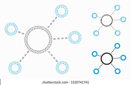 Mesh virtual connections model with triangle mosaic icon. Wire frame polygonal mesh of virtual connections. Vector mosaic of triangle elements in different sizes, and color shades.