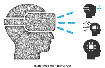 Mesh virtual reality polygonal web 2d vector illustration. Carcass model is based on virtual reality flat icon. Triangular network forms abstract virtual reality flat carcass.