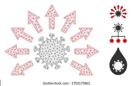 Mesh virus distribution polygonal 2d vector illustration. Carcass model is created from virus distribution flat icon. Triangular network forms abstract virus distribution flat model.
