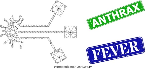 Mesh Virus Electronics Model, And Anthrax Blue And Green Rectangle Dirty Seals. Mesh Carcass Image Is Based On Virus Electronics Pictogram. Stamp Seals Include Anthrax Caption Inside Rectangle Shape.