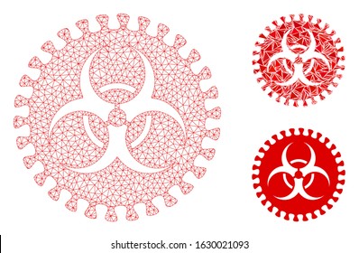 Mesh virus hazard model with triangle mosaic icon. Wire carcass triangular mesh of virus hazard. Vector mosaic of triangle parts in variable sizes, and color hues. Abstract flat mesh virus hazard,