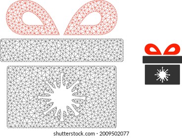 Icono de modelo de caja de pandorra de virus de malla. Malla poligonal de malla de la caja de pandorra del virus vectorial aislada sobre un fondo blanco. Resumen de malla 2d construida a partir de la rejilla poligonal y puntos esféricos.