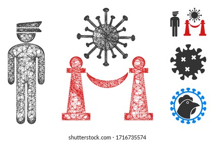 Mesh virus quarantine police polygonal web icon vector illustration. Carcass model is based on virus quarantine police flat icon. Triangular net forms abstract virus quarantine police flat carcass.