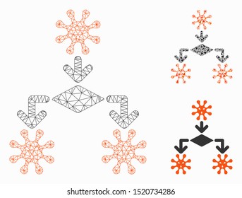 Mesh virus reproduction model with triangle mosaic icon. Wire frame polygonal mesh of virus reproduction. Vector mosaic of triangle parts in various sizes, and color shades.