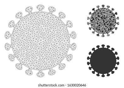 Mesh virus shell model with triangle mosaic icon. Wire frame polygonal mesh of virus shell. Vector mosaic of triangle elements in various sizes, and color tints. Abstract flat mesh virus shell,