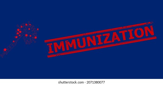 Mesh virus vaccine injection polygonal icon vector illustration, and red IMMUNIZATION textured seal. Carcass model is based on virus vaccine injection flat icon, with stars and polygonal mesh.