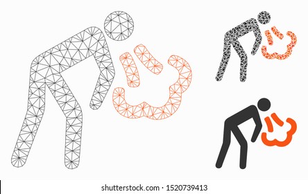 Mesh vomiting model with triangle mosaic icon. Wire frame triangular mesh of vomiting. Vector collage of triangle parts in various sizes, and color tones. Abstract flat mesh vomiting,