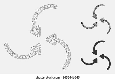 Mesh vortex arrows model with triangle mosaic icon. Wire carcass triangular mesh of vortex arrows. Vector mosaic of triangles in various sizes, and color tints. Abstract flat mesh vortex arrows,