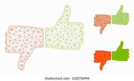 Mesh vote thumbs model with triangle mosaic icon. Wire frame triangular mesh of vote thumbs. Vector collage of triangle elements in variable sizes, and color tones. Abstract flat mesh vote thumbs,