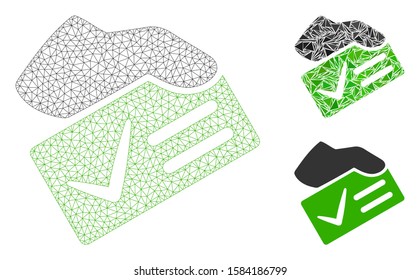 Mesh vote yes model with triangle mosaic icon. Wire carcass triangular mesh of vote yes. Vector mosaic of triangle elements in variable sizes, and color tones. Abstract flat mesh vote yes,
