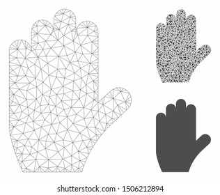 Mesh voting hand model with triangle mosaic icon. Wire frame triangular mesh of voting hand. Vector composition of triangle parts in variable sizes, and color shades. Abstract 2d mesh voting hand,