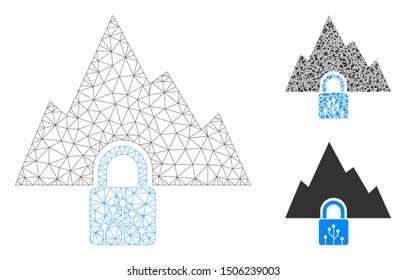 Mesh VPN tunnel model with triangle mosaic icon. Wire carcass polygonal mesh of VPN tunnel. Vector mosaic of triangle parts in different sizes, and color tinges. Abstract 2d mesh VPN tunnel,