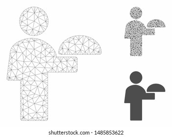 Mesh waiter model with triangle mosaic icon. Wire carcass triangular mesh of waiter. Vector composition of triangle parts in variable sizes, and color tones. Abstract 2d mesh waiter,