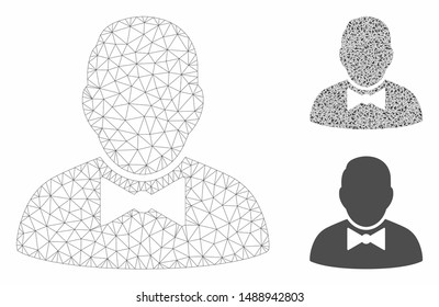Mesh waiter model with triangle mosaic icon. Wire frame polygonal mesh of waiter. Vector mosaic of triangle parts in various sizes, and color tinges. Abstract 2d mesh waiter,
