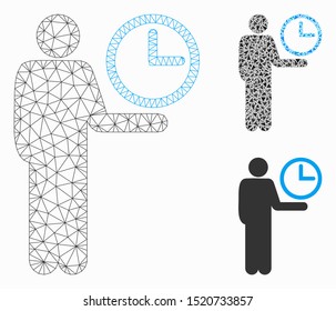 Mesh waiter model with triangle mosaic icon. Wire carcass triangular mesh of waiter. Vector mosaic of triangle parts in different sizes, and color hues. Abstract 2d mesh waiter,