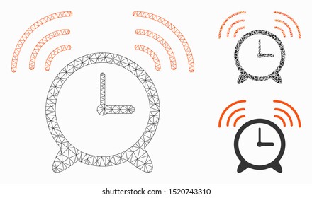 Mesh wake up clock model with triangle mosaic icon. Wire frame polygonal mesh of wake up clock. Vector mosaic of triangle elements in different sizes, and color hues. Abstract flat mesh wake up clock,