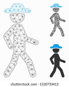 Mesh walking gentleman model with triangle mosaic icon. Wire carcass polygonal mesh of walking gentleman. Vector mosaic of triangle elements in variable sizes, and color tints.