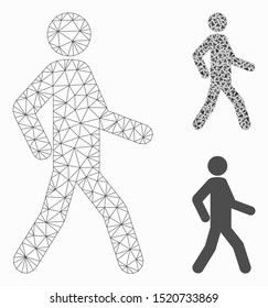 Mesh walking man model with triangle mosaic icon. Wire carcass triangular mesh of walking man. Vector mosaic of triangle parts in variable sizes, and color tones. Abstract flat mesh walking man,