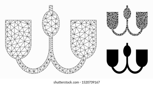 Mesh wall fixture model with triangle mosaic icon. Wire frame triangular mesh of wall fixture. Vector collage of triangle elements in different sizes, and color tints. Abstract flat mesh wall fixture,