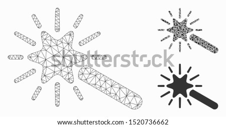 Mesh wand magic tool model with triangle mosaic icon. Wire frame polygonal mesh of wand magic tool. Vector mosaic of triangles in different sizes, and color tinges. Abstract 2d mesh wand magic tool,