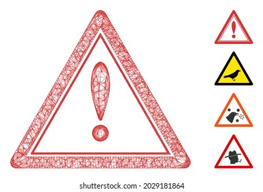 Mesh warning triangle web icon vector illustration. Abstraction is based on warning triangle flat icon. Network forms abstract warning triangle flat model.