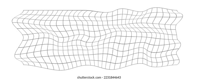 Mesh warp texture. Distorted grid. Rectangle net with deformation. Checkered pattern with optic illusion effect. Bented lattice surface isolated on white background. Vector outline illustration