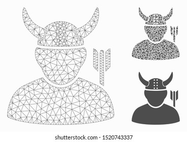 Mesh warrior model with triangle mosaic icon. Wire carcass polygonal mesh of warrior. Vector collage of triangles in different sizes, and color shades. Abstract 2d mesh warrior,