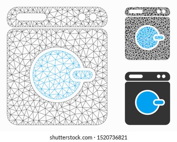 Mesh washing machine model with triangle mosaic icon. Wire frame triangular mesh of washing machine. Vector mosaic of triangle parts in variable sizes, and color hues.